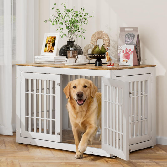 Snuowu 48" Heavy-Duty Dog Crate Furniture for Large Dogs, XXL Wooden Dog Cage Kennel Indoor Furniture, Decorative Pet House End Table, White & Wood