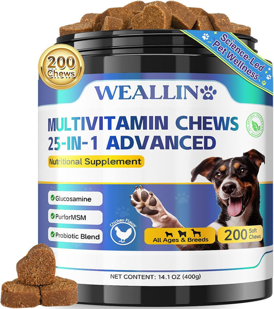 Dog Vitamins - 25-in-1 Dog Vitamins and Supplements Multivitamin with Glucosamine Probiotics Omega-3 Puppy Multivitamin Chewable for Coat, Heart, Hips & Joints, Digestion & Immune System 200pcs