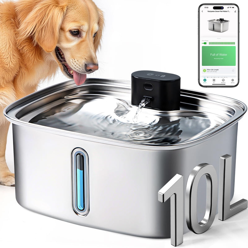 Smart Dog Water Bowl Dispenser Large, 10L/ 2.64Gal Cordless Dog Water Fountain Stainless Steel with APP Monitoring, 4000mah Automatic Cat Water Fountain for Mutil-Pets Large Dogs, 3 Fountain Modes
