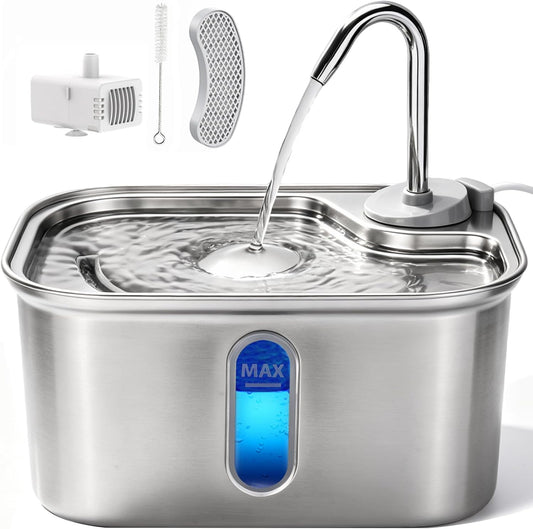 Cat Water Fountain Stainless Steel for Cats Indoor 2.5L 85oz by BPA-Free SUS304, Effective 6-Layer Filter Cat Fountain for Drinking 20dB Ultra Quiet & Soft Flow Metal Pet Water Fountain