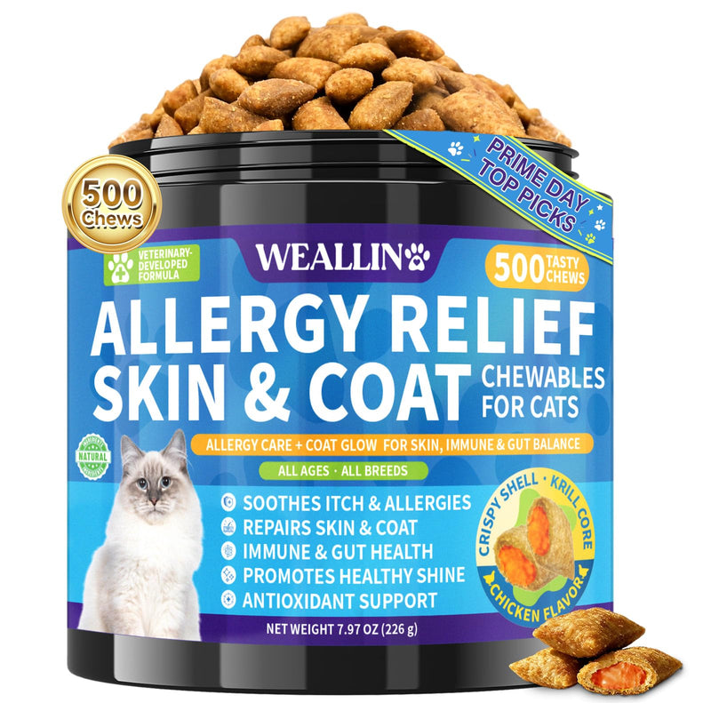 Cat Allergy Relief Chews, 500 Crunchy & Krill Core with Omega-3 Probiotic for Cats, Immunity Supports Seasonal Itching Paw Licking & Scratching Itchy Skin & Coat Support for All Breeds Chicken Flavor