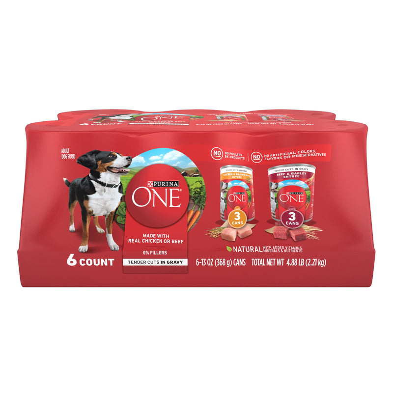 Purina ONE Tender Cuts in Gravy Chicken and Brown Rice, and Beef and Barley Entrees Wet Dog Food Variety Pack - (2 Packs of 6) 13 oz. Cans