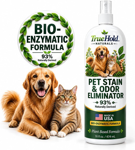 TrueHold Pet Stain & Odor Remover – Enzymatic Dog & Cat Urine Cleaner, 93% Naturally Derived – Removes Pee Smell from Carpet, Upholstery & Floors, 16 fl oz
