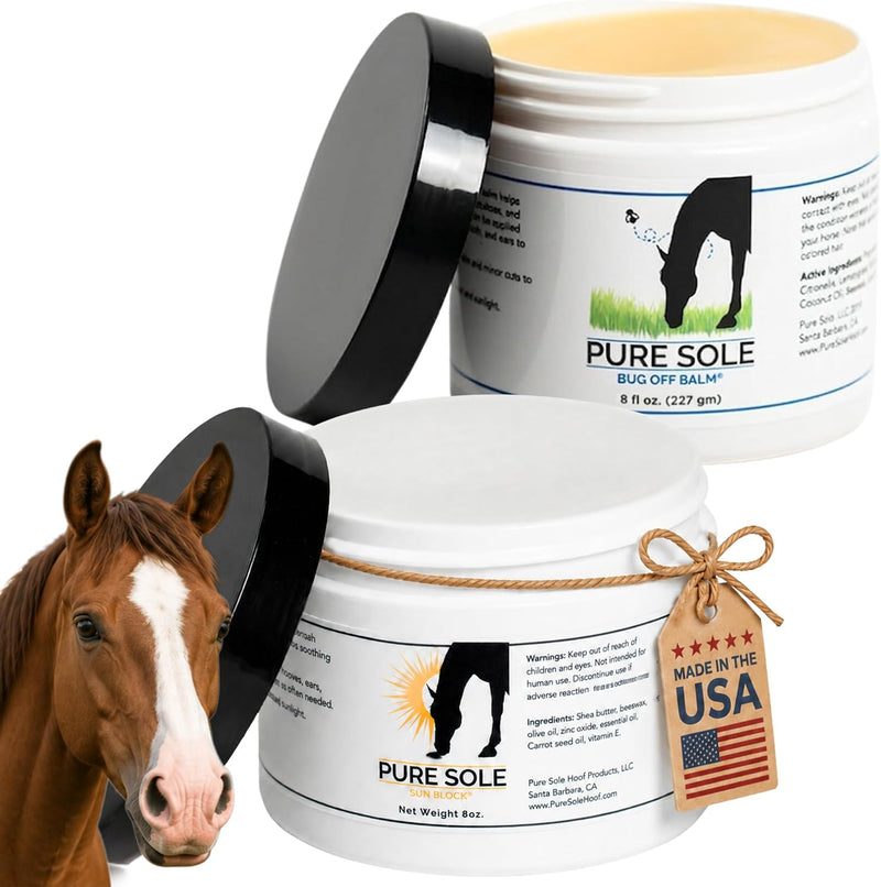 Horse Skin Summer Protection Bundle | Includes Pure Sole Horse Sunscreen Cream (8 oz) and Bug Off Balm (8 oz) | Helps Pr