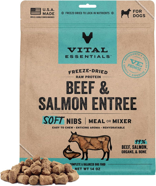 Vital Essentials Freeze Dried Dog Food, Raw Beef & Salmon Soft Nibs | Complete Meal or Topper | 99% Beef, Salmon, Organs & Bone | High Protein, Grain Free Dry Dog Food | 14 oz Bag
