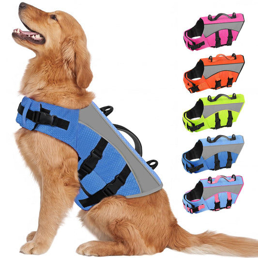 Queenmore Dog Life Jacket for Large Dogs, Reflective Dog Flotation Vest with Superior Buoyancy, Floating Life Vest for Dogs Large Breed with Handle, Puppy Preserver for Boating, Blue, L