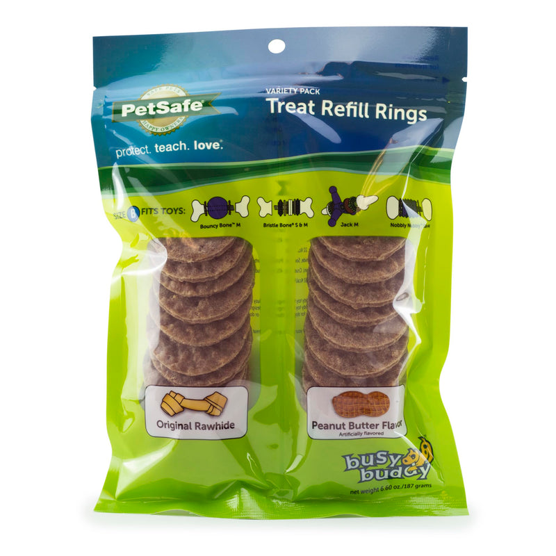 PetSafe Rawhide Treat Ring Refills, Variety Pack, Size B, Original Rawhide and Peanut Butter Flavor, Replacement Treats Busy Buddy Treat Ring Holding Toys
