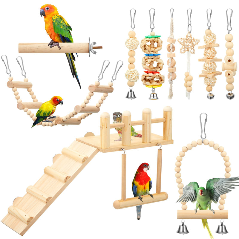 10 Pcs Bird Toys for Parakeets Cage Accessories Parrot Swing Toys and Wooden Perches Platform with Climbing Ladder for Chewing Standing Hanging Swinging Training Budgerigar Conure Cockatiel Finches