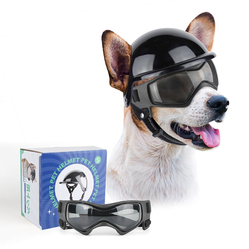 PETLESO Dog Goggles for Small Dogs with Helmet, 2PCS Doggy Sunglasses and Pet Motorcycle Helmet Set for Small Medium Breed Outdoor Driving Walking, All Black
