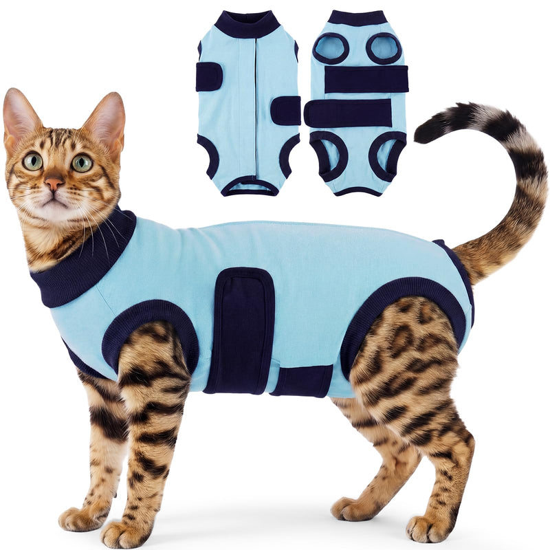 Kuoser Recovery Suit for Cats Female Male Kitten Surgery Onesie Bodysuit Anti Licking Cone Alternative Calming Anxiety Vest Abdominal Wounds, Blue XL