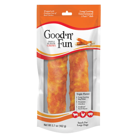Good 'n' Fun Rolls Long-Lasting Dog Treat, For Large Dogs, With Real Proteins, Beef Hide and Premium Chicken, Supports Dental Health, Mental Stimulation, 2 count