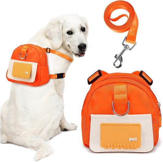Orange Dog Harness Backpack with Leash & Poop Bag Dispenser, Modern Style, Medium Dog, 17-33 Lb, 5.9" x 5.9" x 2.3"