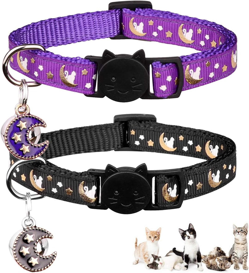 2Pcs Breakaway Cats Collars Cat Collars for Boy & Girl Cats Moons Adjustable Kitten Collars with Bell & Pendant Glow in 
