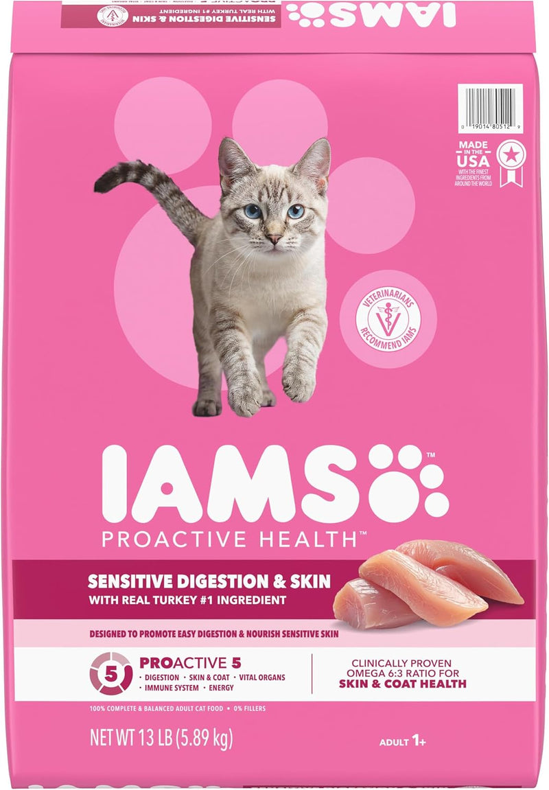 IAMS Proactive Health Sensitive Digestion & Skin Dry Cat Food, Adult Cat Food Dry Recipe with Real Turkey, 13 lb. Bag
