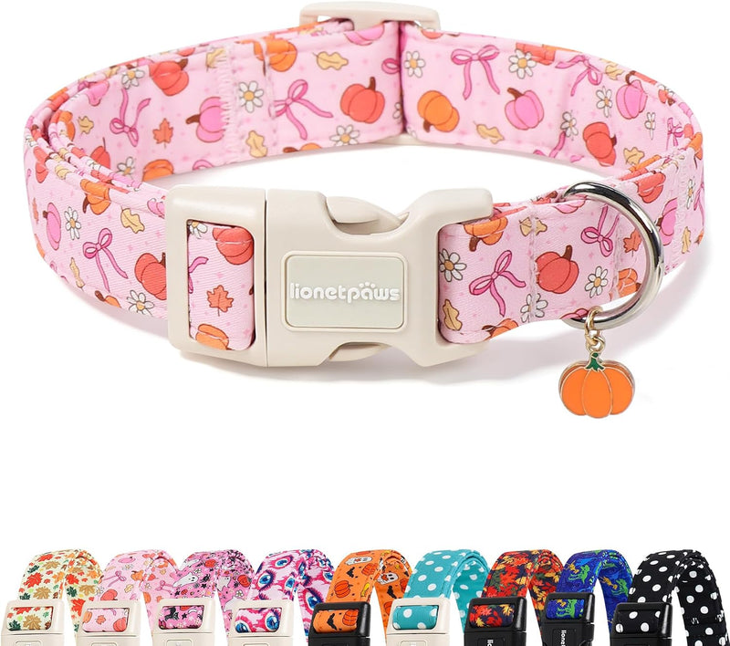 LIONET PAWS Fall Dog Collar for Small Medium Large Girl Dog-Pink Pumpkin M