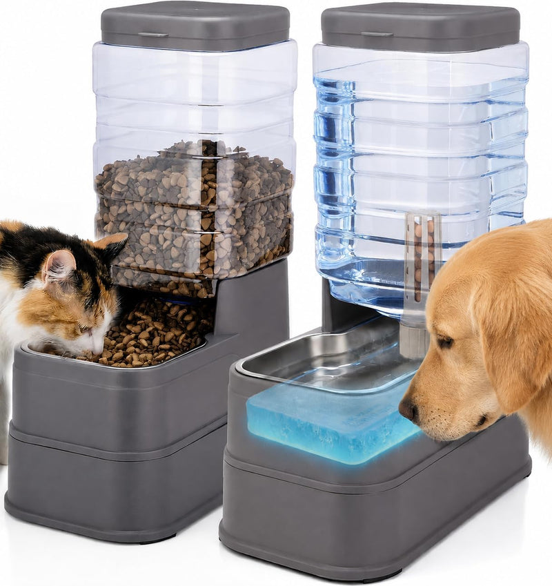 2 Pack Automatic Cat Feeder and Water Dispenser 1.3Gallon Dog Gravity Food Feeder and Water with Ice Pack Stainless Steel Dry Food and Waterer Bowl for Small Medium Large Pets (Grey)