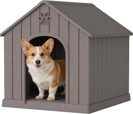 Dog House Outdoor, Plastic Small Dog House-Weatherproof Design with Air Vents & Elevated Floor for Small to Medium Dogs,