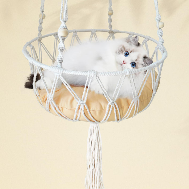 MUYG Macrame Cat Hammock Bed,Handwoven Hanging Boho Cat Bed with Hanging Kit for Indoor Outdoor Home Decor Ceiling Catio Swing for Playing Sleeping Climbing and Lounging(15.74x15.74x47.24IN)(L)