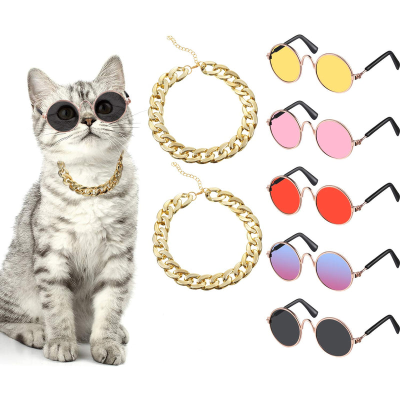Weewooday 7 Pcs Dog Sunglasses Cats Sunglasses with 2 Gold Chain Retro Round Metal Glasses Funny Cute Cosplay Costume for Small Pet(Vivid Colors,Lovely Style)
