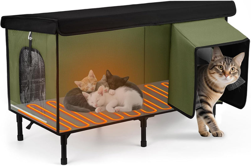 Heated Cat House for Outside, Insulated Large Elevated Waterproof Feral Cat Shelter with Heated Pad, Safe Escape Door Al