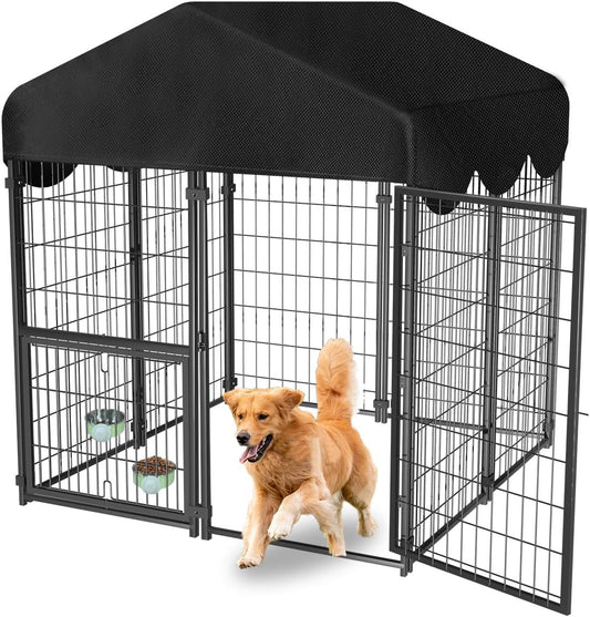 Heavy Duty Dog Kennel Outdoor, Covered Dog Kennels Outside with Roof, 4x4.2x4.5FT Large Dog Enclosure Adjustable Feeder 