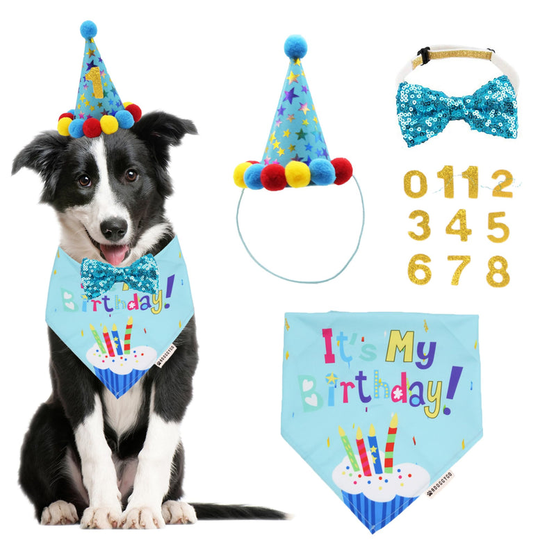 ADOGGYGO Dog Birthday Bandana Scarf and Blue Boy Pet Birthday Party Hat with Cute Bow Tie for Medium Large Dog Pet (Large)