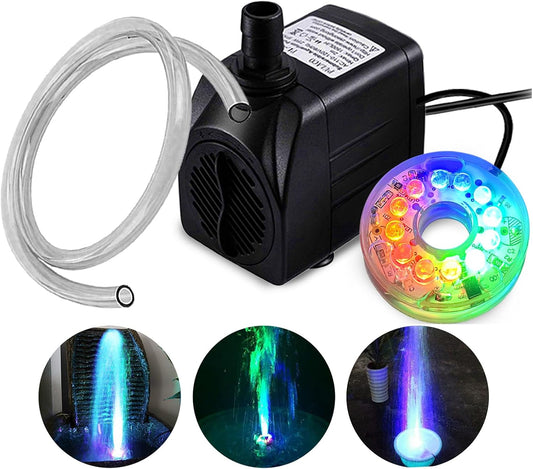 PULACO 160GPH Small Fountain Pump, 10Watt Submersible Pump with Automatic Color Changing LED Light and 3.3 ft Tubing for