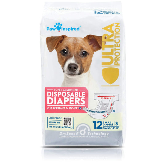 Paw Inspired Disposable Dog Diapers | Female Dog Diapers Ultra Protection | Diapers for Dogs in Heat, Excitable Urination, or Incontinence (12 Count, Small)