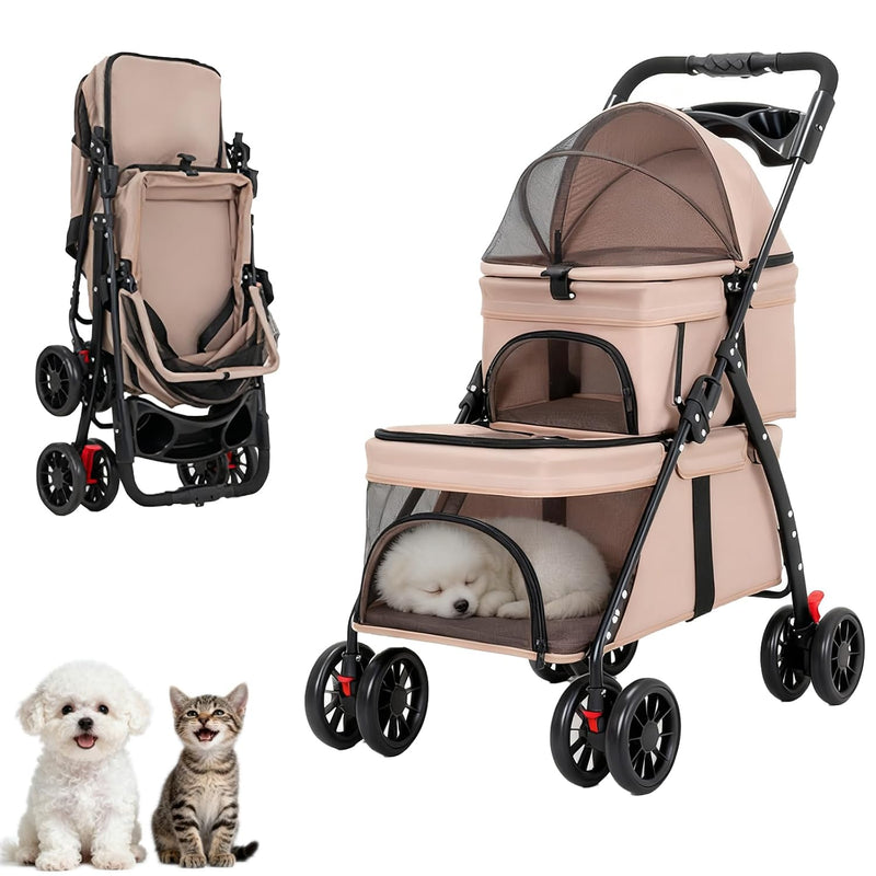 YYW Double Pet Stroller Foldable 2 Carriages Cup Holder Lockable Khaki