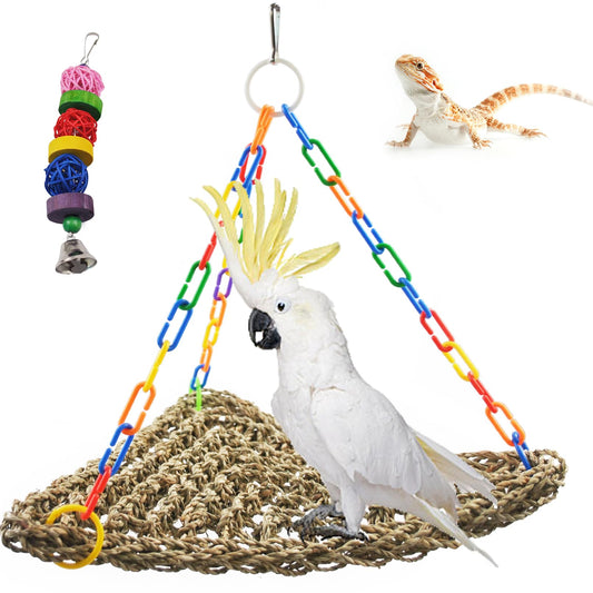 MUYG Large Seagrass Mat for Birds,Triangle Cockatiel Seagrass Hammock Natural Woven Sea Grass Mats for Birds,Parrot Foraging Grass Swing Toys for Medium Parakeets Lovebirds Cockatoos