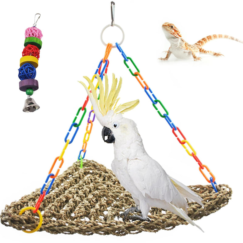 MUYG Large Seagrass Mat for Birds,Triangle Cockatiel Seagrass Hammock Natural Woven Sea Grass Mats for Birds,Parrot Foraging Grass Swing Toys for Medium Parakeets Lovebirds Cockatoos
