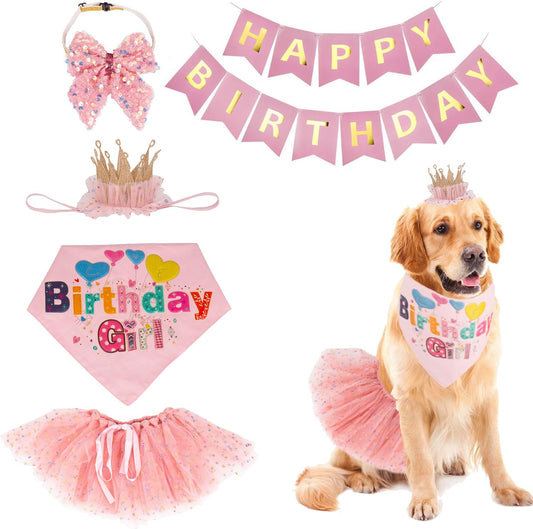 ADOGGYGO Dog Birthday Hat, Pink Birthday Girl Bandana & Tutu Set