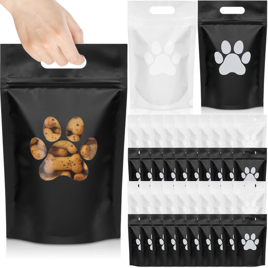 Gersoniel 100 Pcs Paw Dog Treat Bags Gift Bags with Window Resealable Stand up Plastic Zipper Pouches for Canine Delights or Dog Party Supplies, 5.5 x 8.6 inches (Black and White)