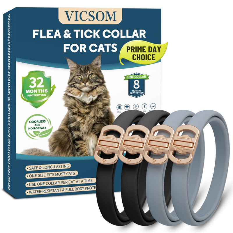 Flea and Tick Collar for Cats - 4 Pack, 32 Month Protection Treatment, Waterproof, Natural Prevention, Adjustable for Cats & Kittens (Black Grey)