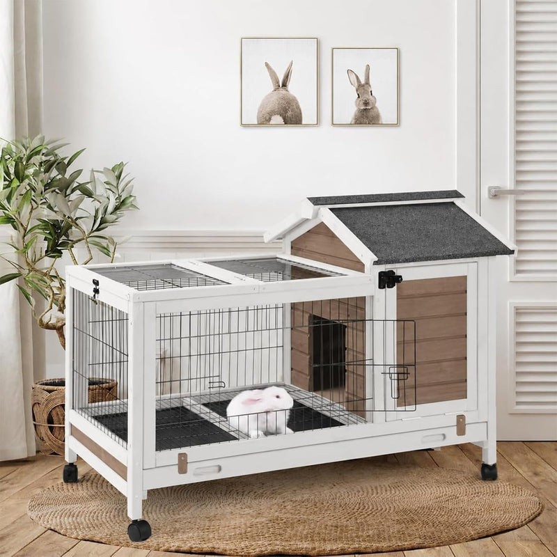 Rabbit Hutch Indoor Bunny Cage Outdoor Wood House with Wire Mesh,Brown