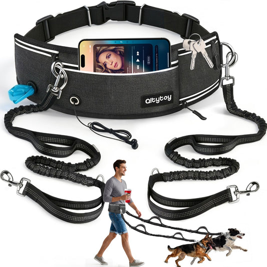Qltytoy Hands Free Double Dog Leash for Two Dogs,240LB Heavy Duty Retractable with Partitioned Pouch Adjustable Waist for Walking Running Jogging Hiking Biking Training for Medium/Large(Not for＜25LBS)