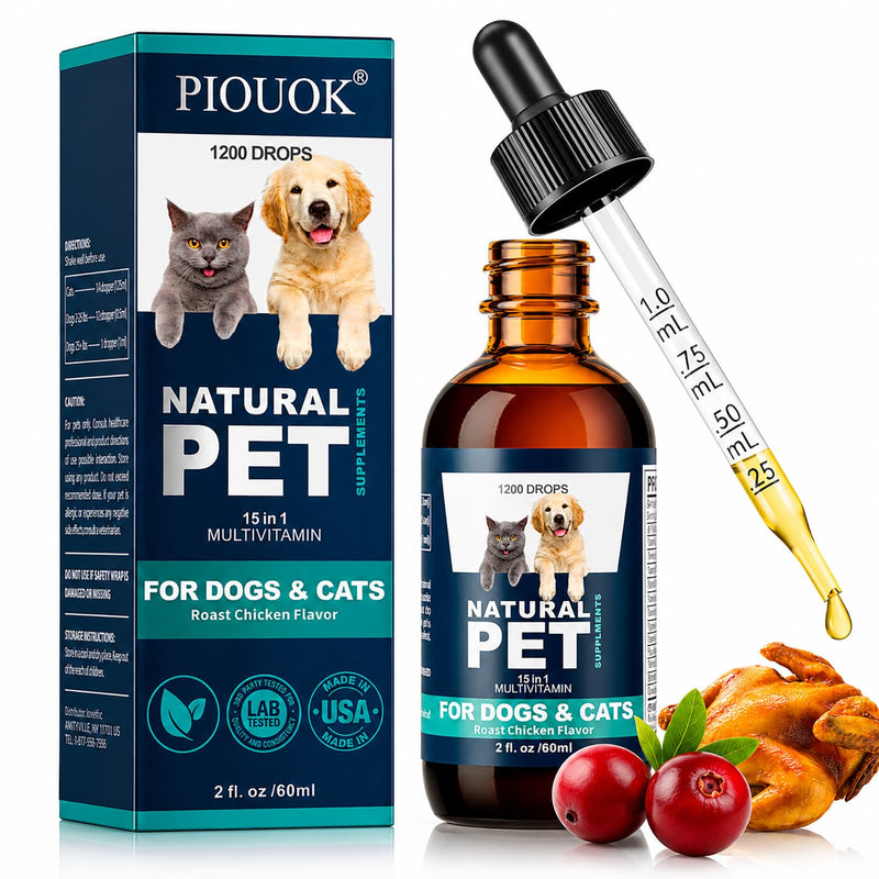 Dog & Cat Multivitamin, 15 in 1 Cat Vitamins with Glucosamine Cranberry, Pet Vitamins and Supplements Helps for Joints, Coat Shining, Immune System, Dog Liquid Multivitamin Promotes Appetite(60ml)