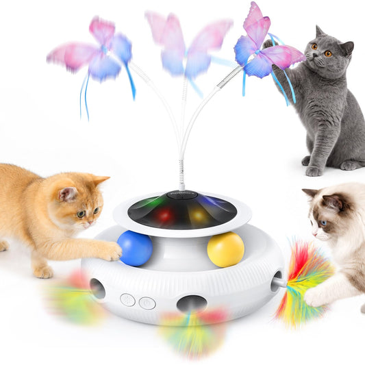 Pawtners Interactive Cat Toy, 4 in 1 Automatic Interactive Kitten Toys for Indoor Cats Rechargeable with Fluttering Butterfly, Track Balls and Ambush Feather