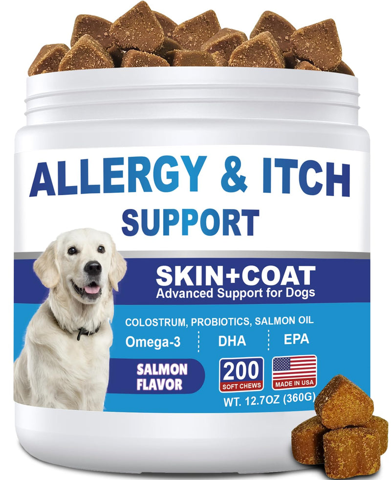 Dog Allergy Chews 200ct, Dog Allergy and Itching Skin Relief Bites Anti-Itch Skin & Coat Supplement Immune Support with Colostrum for Itchy Skin and Itchy Ears Licking Paws for Dogs Seasonal Allergies