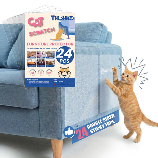 24PCS Cat Scratch Furniture Protector, Double Sided Couch Protectors Tape from Cats Claws Scratching, Clear Sticky Sheets Proof Clawing Sofa Corner Protection Cover Anti Scratch for Furniture