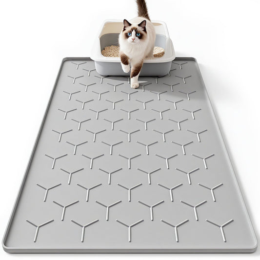 Bulkniu Large Silicone Cat Litter Mat, Waterproof/Urineproof, Litter Recycling, Easy to Clean, Soft on Kitty Paw (22"X34"- Grey)