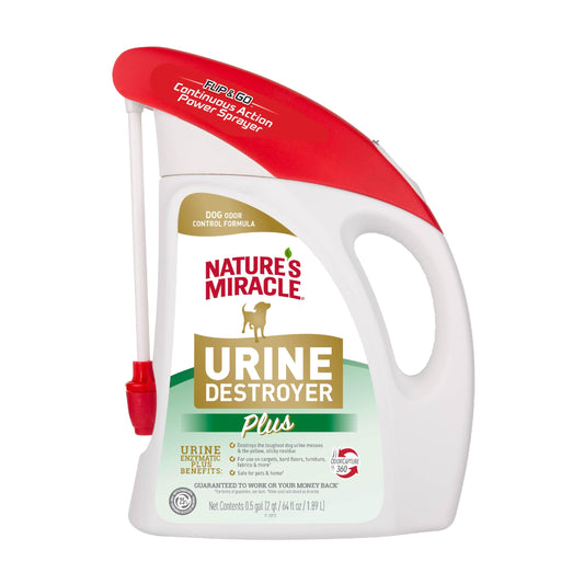 Nature's Miracle Urine Destroyer Plus for Dogs with Flip & Go Sprayer, 64 Ounces, Enzymatic Formula for Dogs Powers Out Tough Dog Urine Messes and Yellow, Sticky Residue