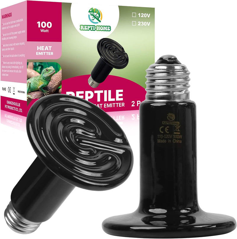 100W Ceramic Heat Emitter (2 Pack), Reptile Heat Lamp Bulbs, Ceramic Heater for Amphibian, Pet Brooder Coop, Chicken, Do