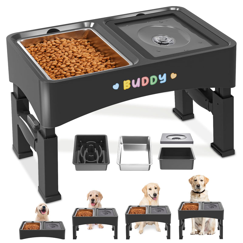 Decflow 3-in-1 Elevated Dog Bowls, 4 Height Adjustable Raised with Stainless Steel, Slow Feeder, No Spill Water Bowl, DIY Stickers Foldable Pet Bowl for Medium Large Dogs