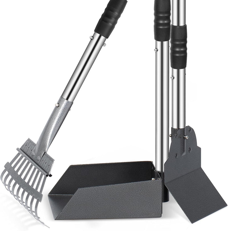 Dog Pooper Scooper, Dog Poop Tray and Rake Set with Long Stainless Handles