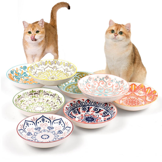 YEAHGO Cat Food Bowls for Indoor Cats Ceramic Cat Bowls Whisker Friendly Cat Dishes for Food and Water 5.5 Inches Kitten Bowls Cute Cat Feeding Bowls Set 8 Cat Wet Food Bowl Set Shallow Cat Plate