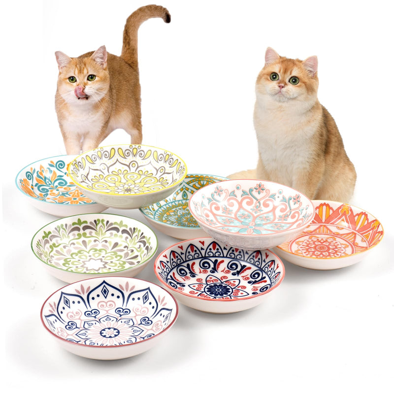 YEAHGO Cat Food Bowls for Indoor Cats Ceramic Cat Bowls Whisker Friendly Cat Dishes for Food and Water 5.5 Inches Kitten Bowls Cute Cat Feeding Bowls Set 8 Cat Wet Food Bowl Set Shallow Cat Plate