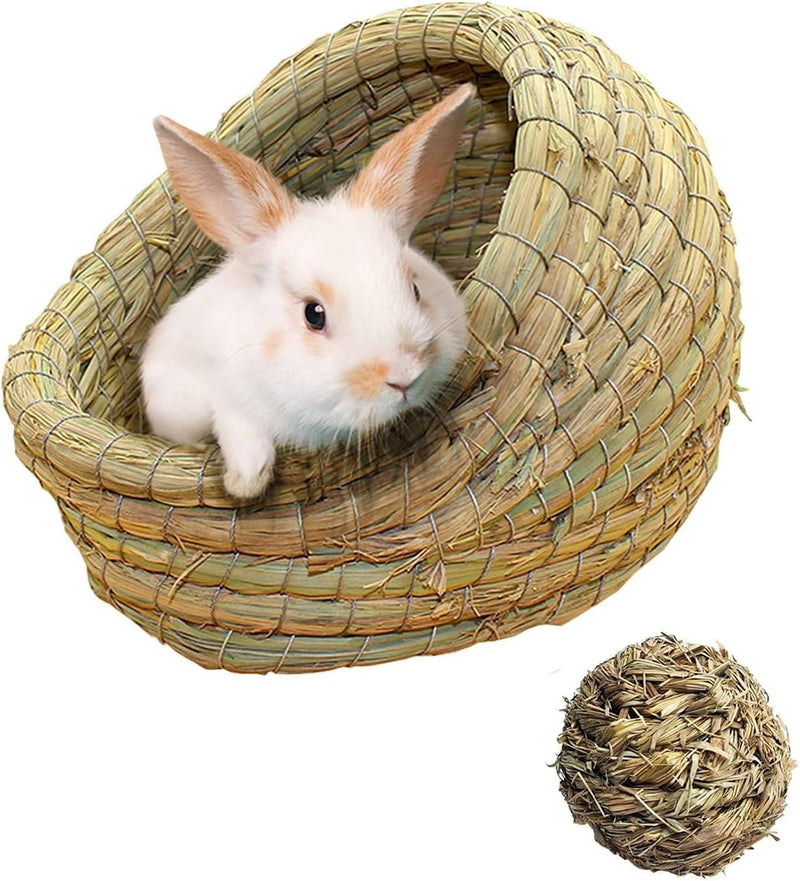 kathson Rabbit Grass House Bunny Woven Hay Bed Guinea Pig Hideout Hand Woven Natural Grass House for Hamster and Small A
