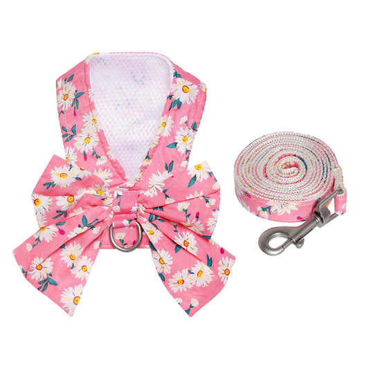 YKYUASD Dog Harness and Leash Set Adjustable Puppy Harness Mesh Vest Set Bow Knot Pet Clothes for Small Girl Dog Cat Summer (Pink, Small)