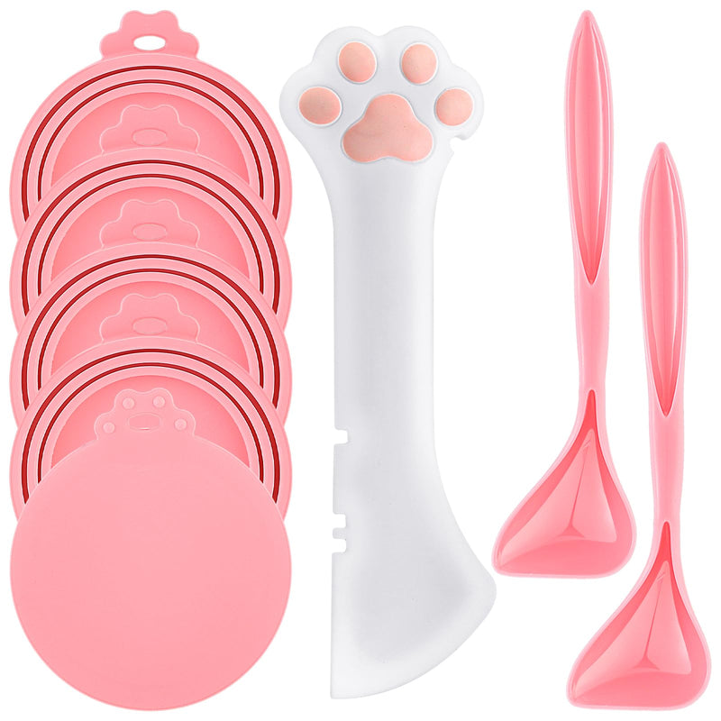 Uiifan 8 Pcs Cat Food Can Covers Lids Set, Silicone Pet Food Can Lids with Multi-Function Cat Foods Spoon and Opener, Silicone Wet Foods Spoon for Cats and Dogs(Pink)